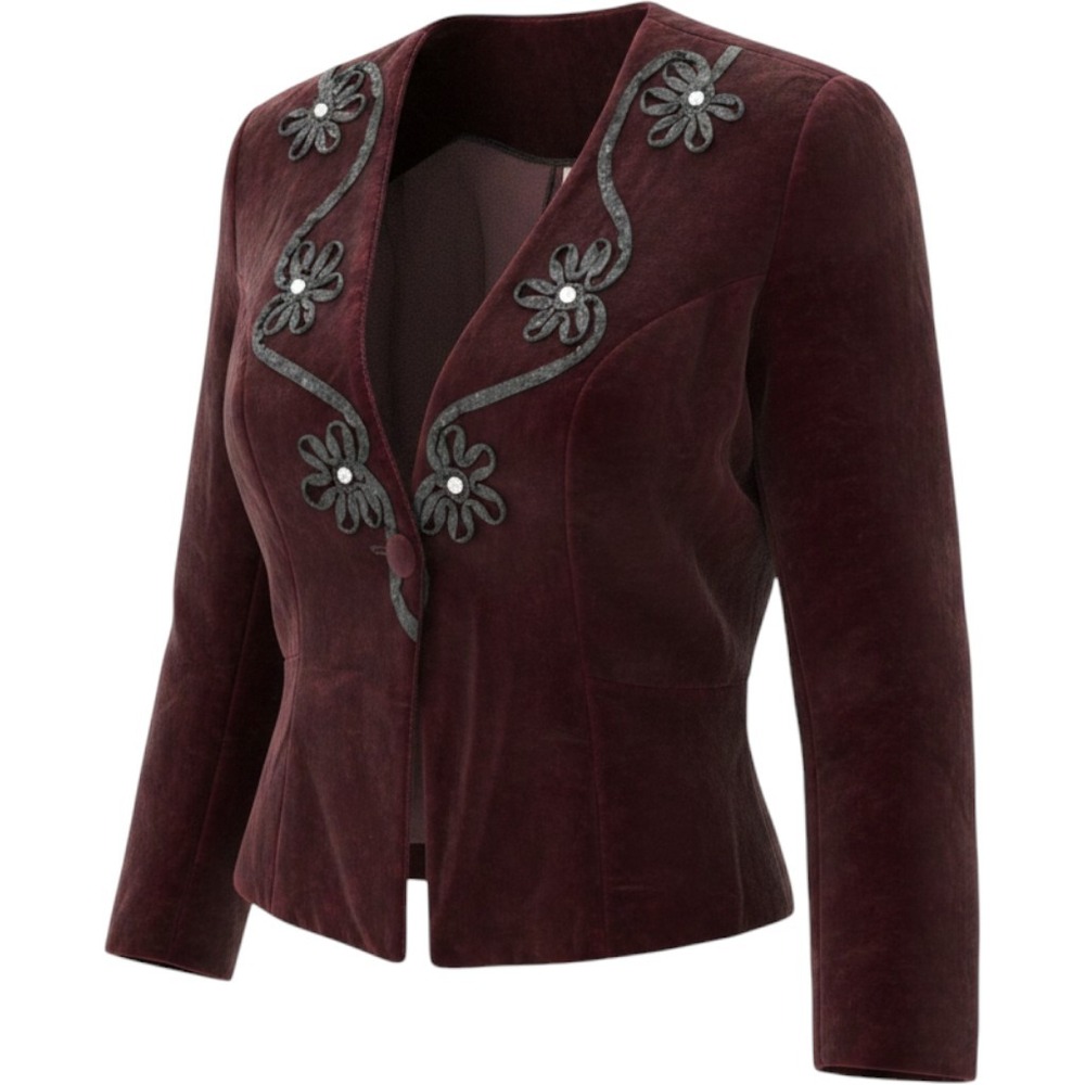 Magic California Velvet Blazer Womens Medium Burgundy Floral Applique Rhinestone